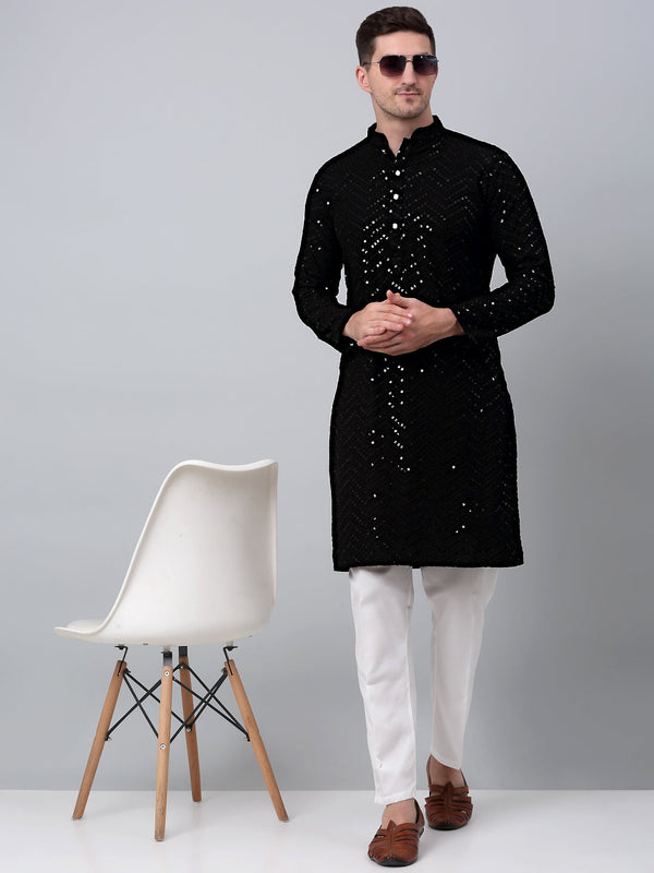 Men Black Embroidered Sequinned Kurta with Churidar