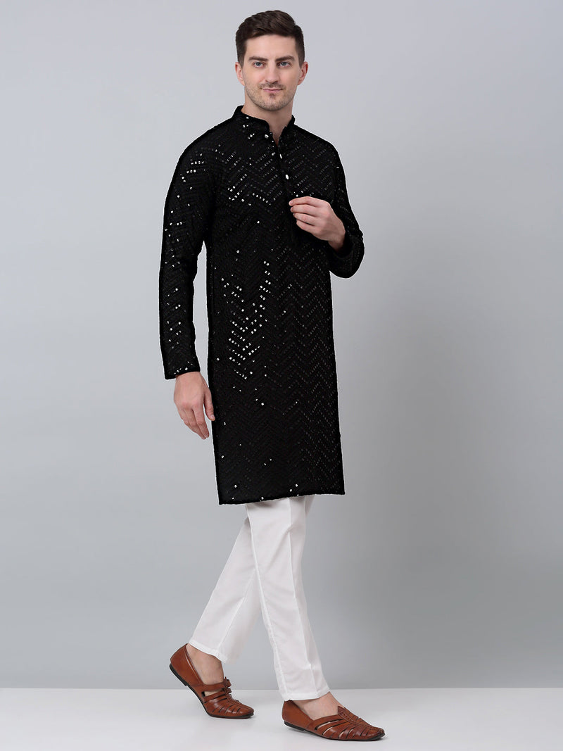 Men Black Embroidered Sequinned Kurta with Churidar