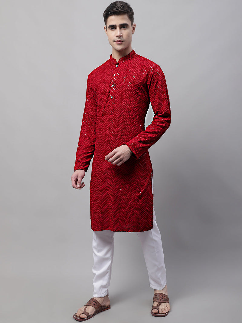 Men Navy Blue Embroidered Sequinned Kurta with Churidar