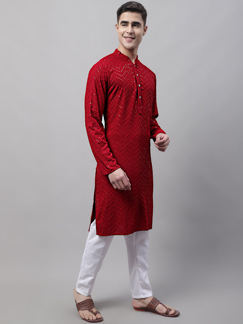 Men Navy Blue Embroidered Sequinned Kurta with Churidar