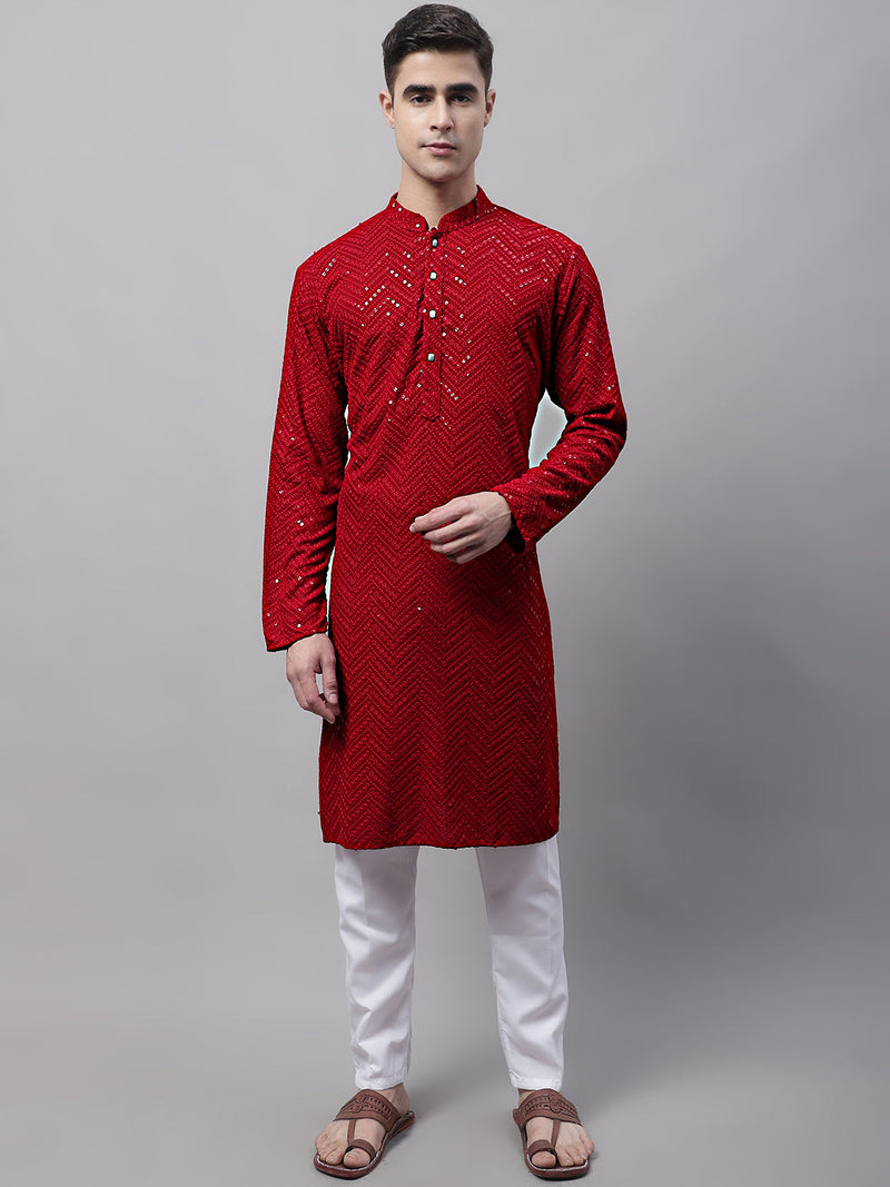 Men Navy Blue Embroidered Sequinned Kurta with Churidar