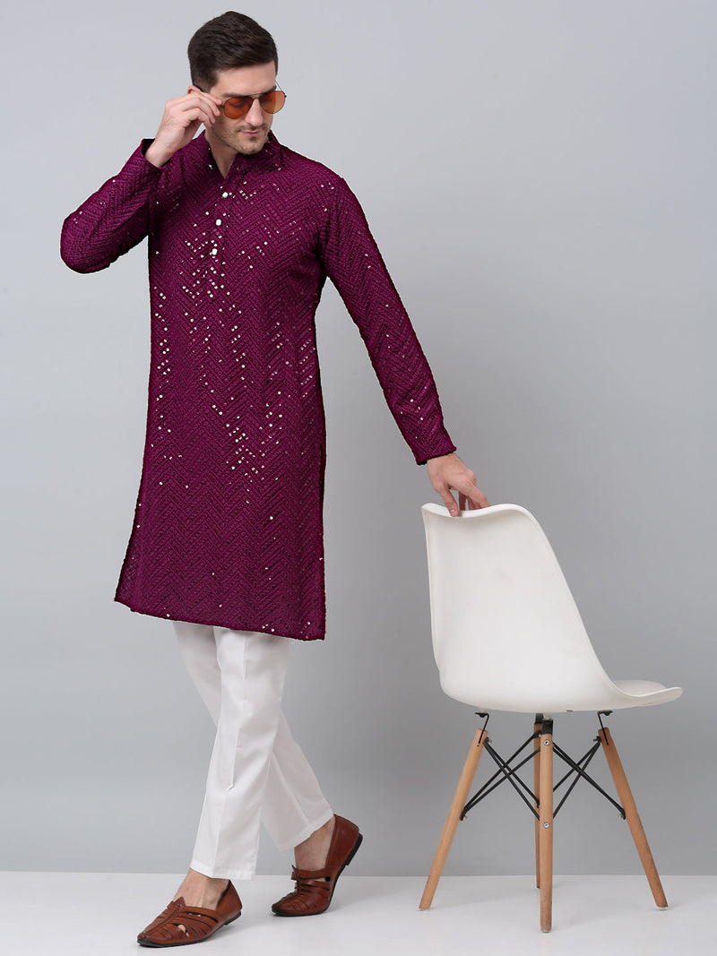 Men Purple Embroidered Sequinned Kurta with Churidar