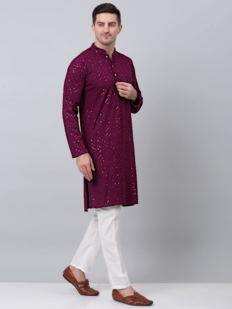 Men Purple Embroidered Sequinned Kurta with Churidar