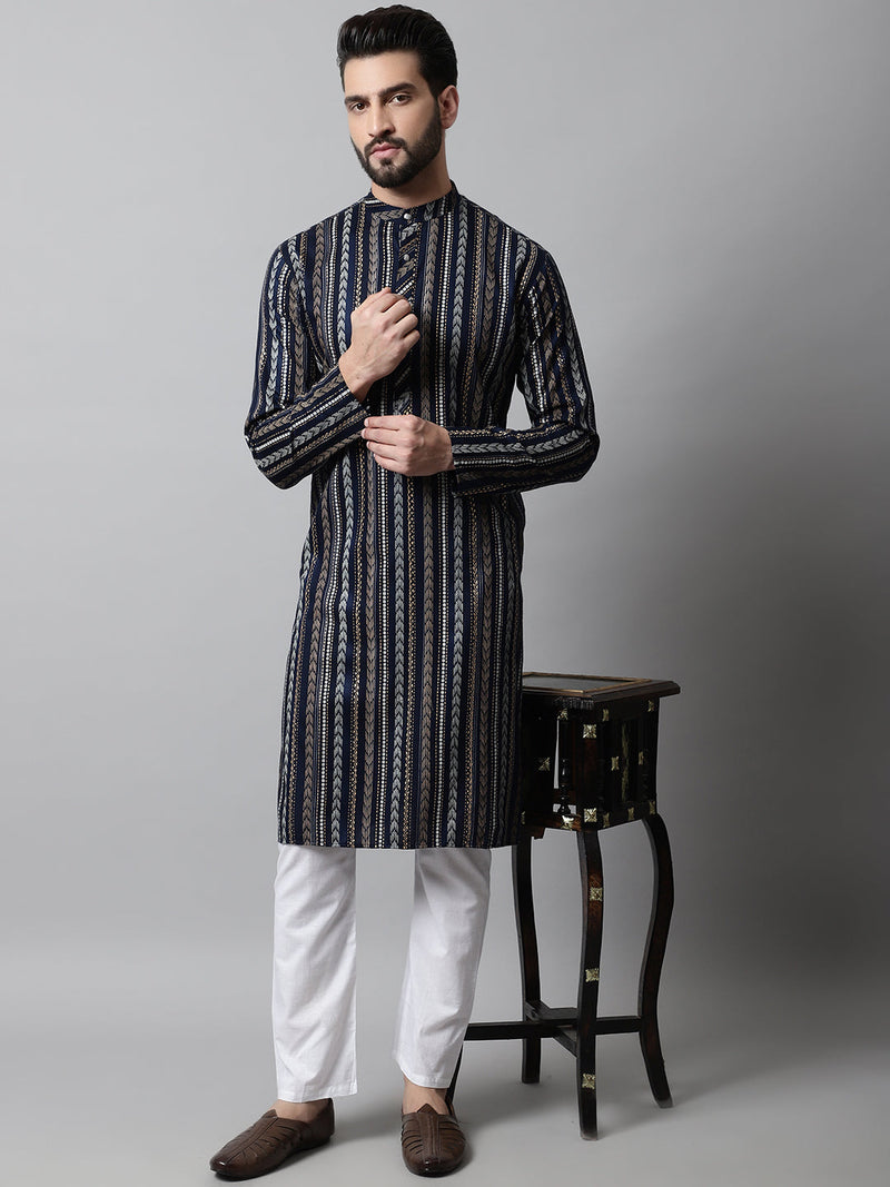 Men Navy Blue Foil Printed Kurta with Churidar