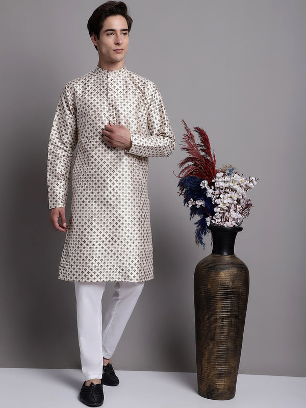 Men's Grey Printed Silk Blend Kurta Payjama