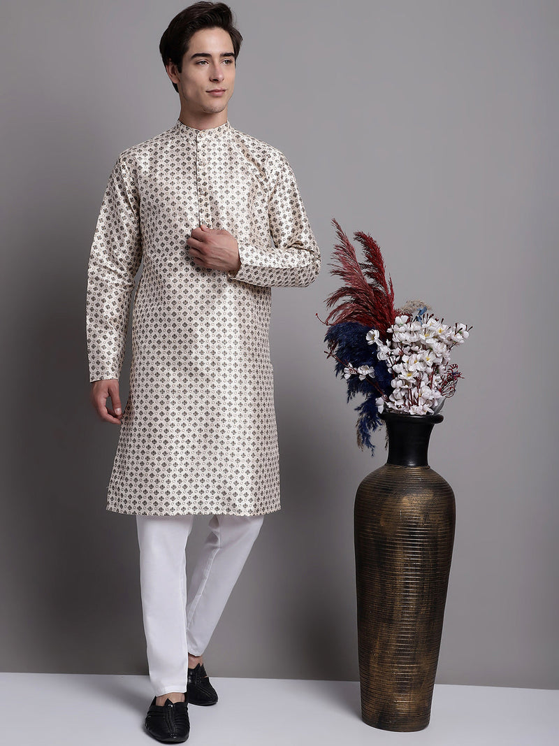 Men's Grey Printed Silk Blend Kurta Payjama