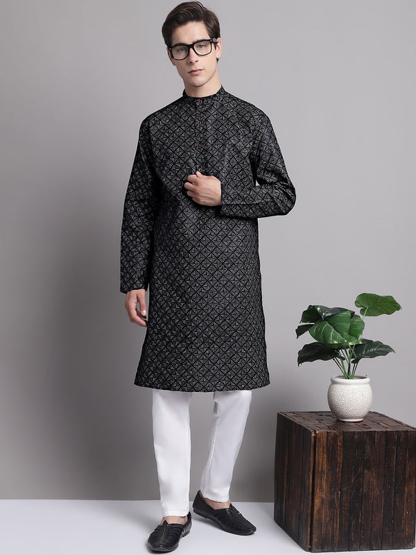 Men's Black Printed Pure Cotton Kurta Payjama Set