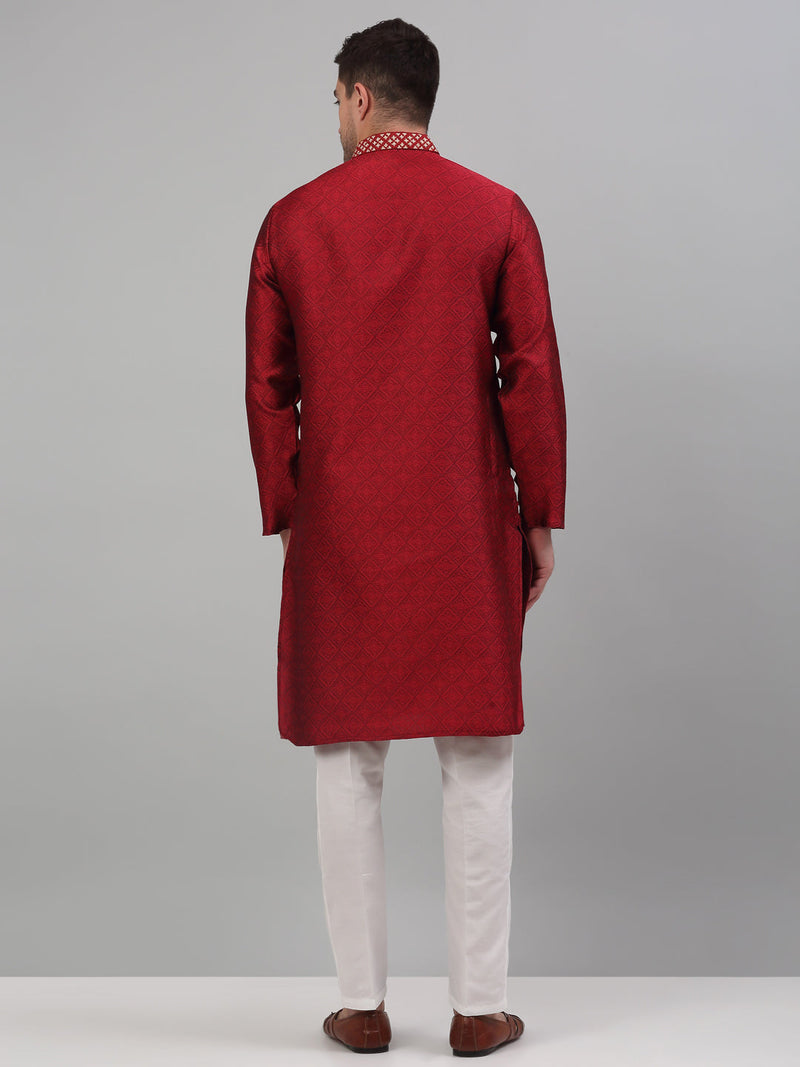 Men's Maroon Collar Embroidered Kurta Pyjama