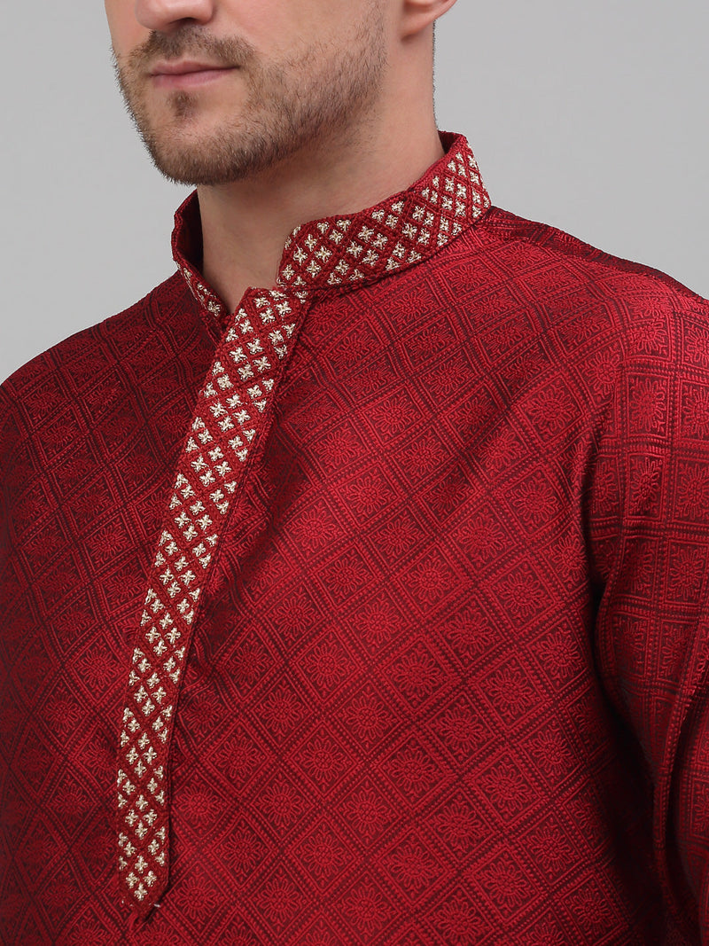 Men's Maroon Collar Embroidered Kurta Pyjama