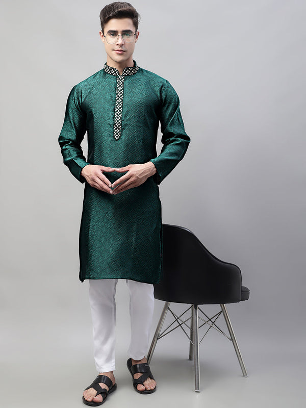 Men's Olive Green Collar Embroidered Silk Jacquard  Kurta Pyjama