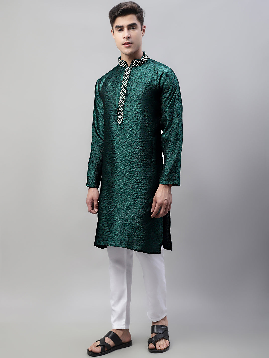 Men's Olive Green Collar Embroidered Silk Jacquard  Kurta Pyjama