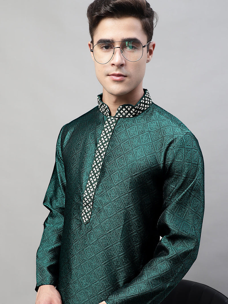 Men's Olive Green Collar Embroidered Silk Jacquard  Kurta Pyjama