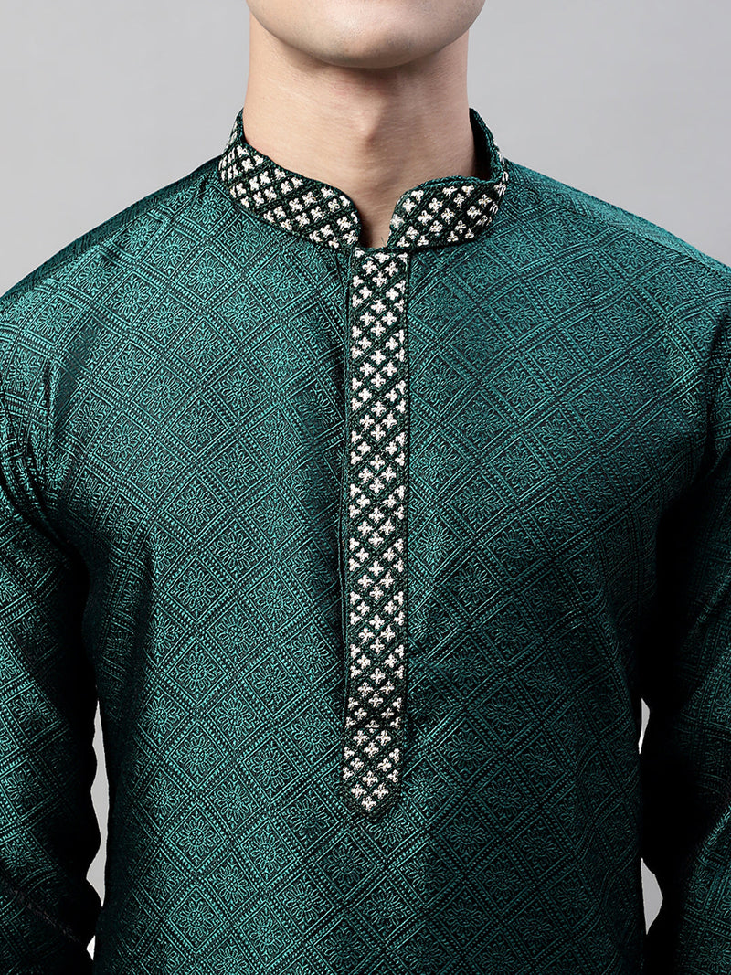 Men's Olive Green Collar Embroidered Silk Jacquard  Kurta Pyjama