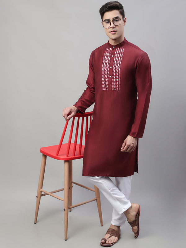 Men's Maroon Cotton Silk Mirror Work Kurta Pyjama