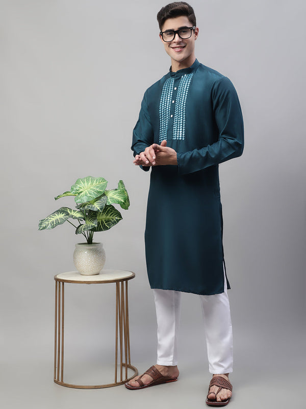 Men's Teal Blue Cotton Silk Mirror Work Kurta Pyjama