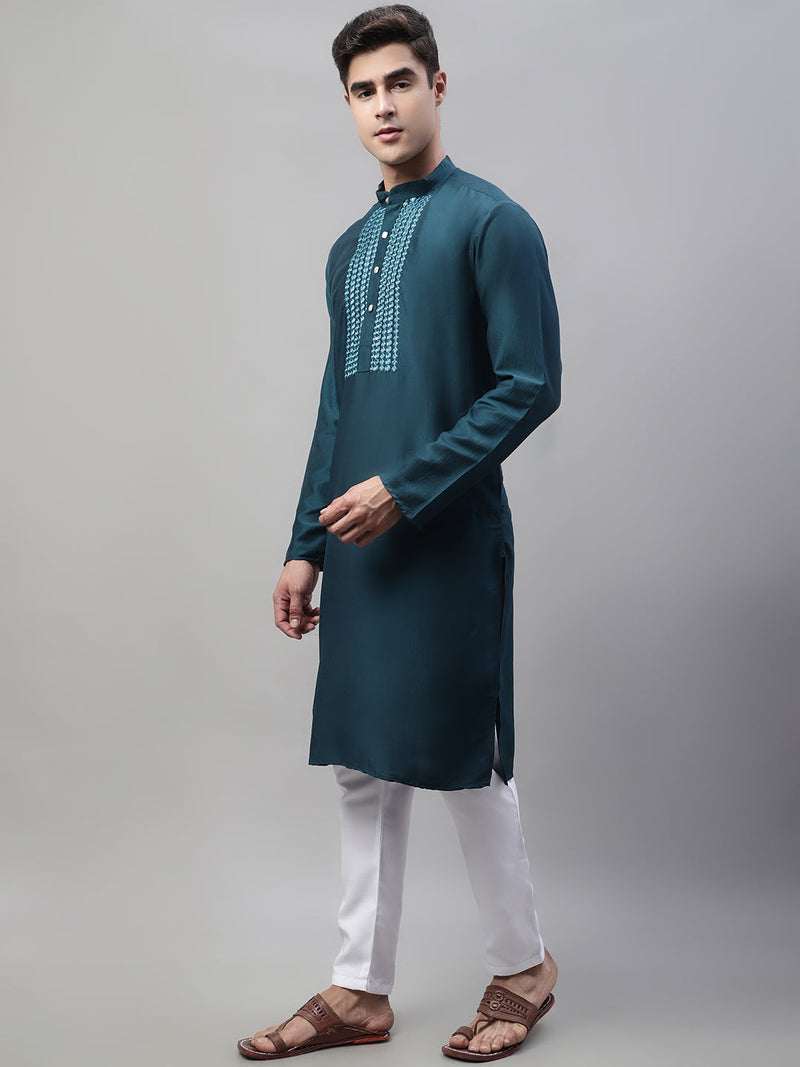 Men's Teal Blue Cotton Silk Mirror Work Kurta Pyjama