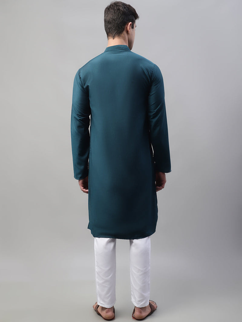 Men's Teal Blue Cotton Silk Mirror Work Kurta Pyjama