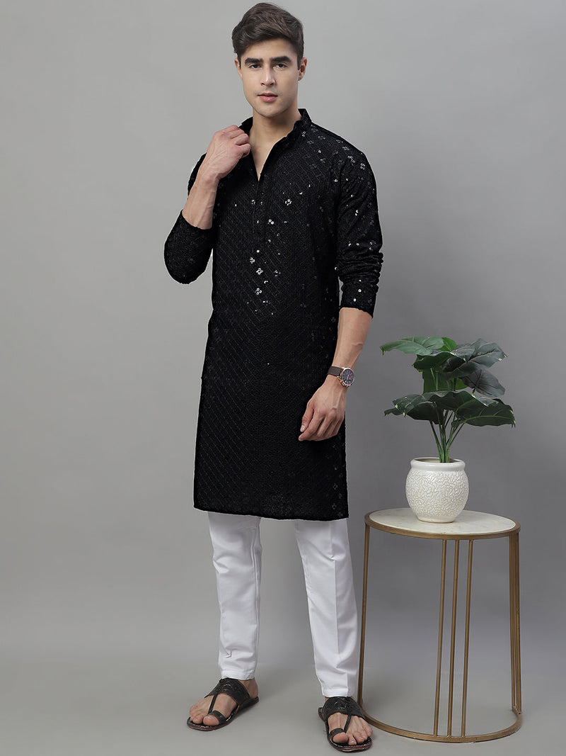 Men's Black Chikankari Embroidered and Sequence Kurta with Pyjama.