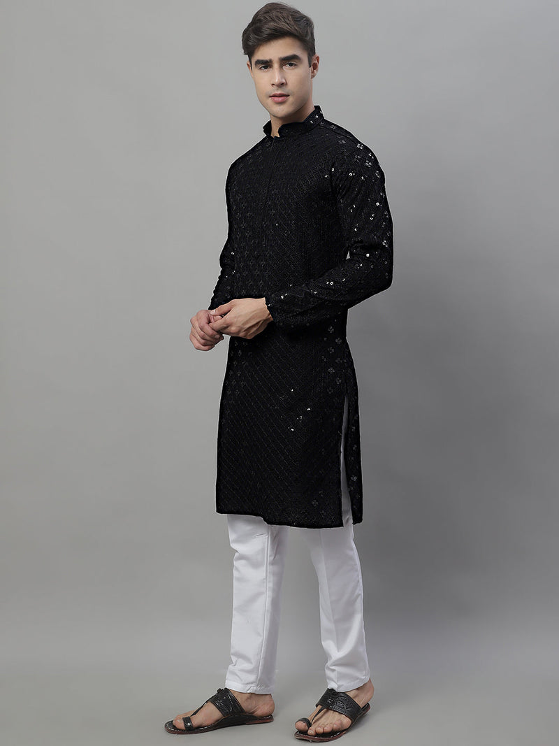 Men's Black Chikankari Embroidered and Sequence Kurta with Pyjama.