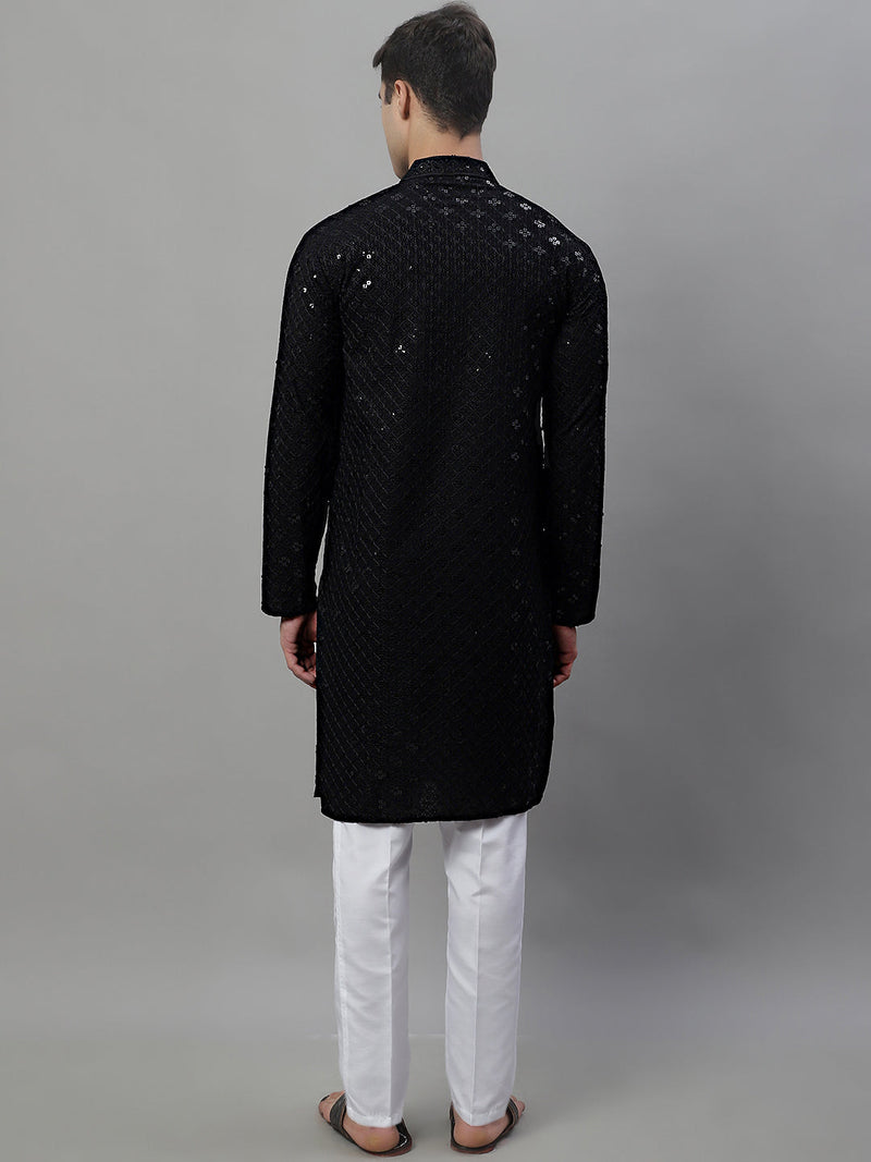 Men's Black Chikankari Embroidered and Sequence Kurta with Pyjama.