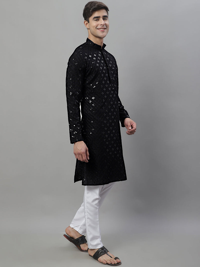 Men's Black Chikankari Embroidered and Sequence Kurta with Pyjama.