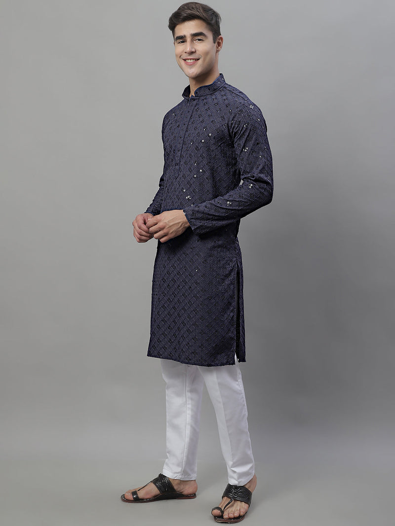 Men's Grey Chikankari Embroidered and Sequence Kurta with Pyjama.