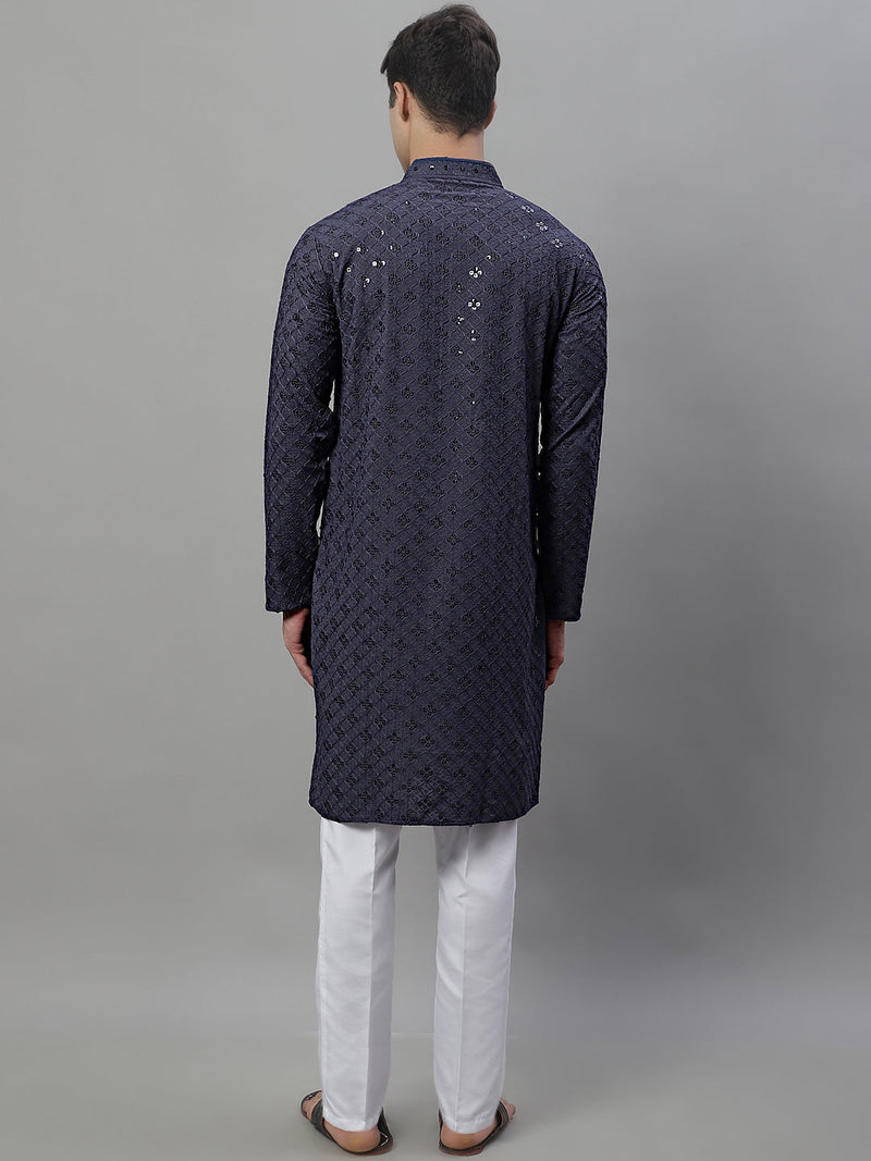 Men's Grey Chikankari Embroidered and Sequence Kurta with Pyjama.