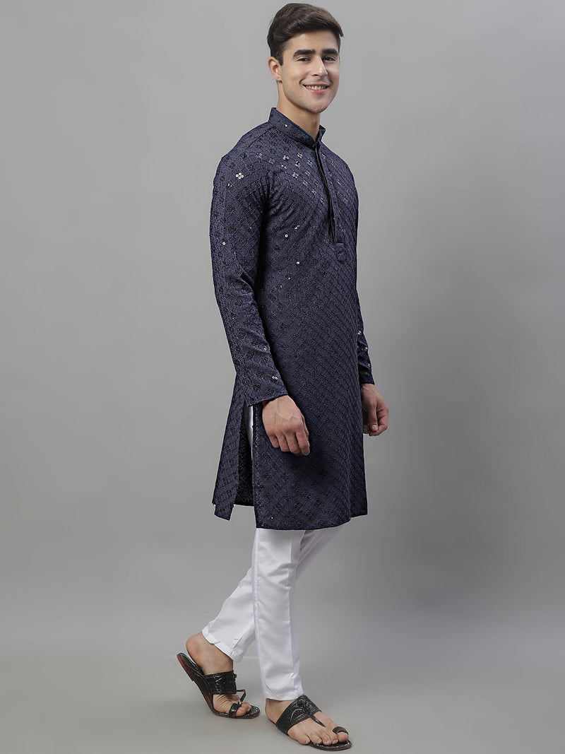 Men's Grey Chikankari Embroidered and Sequence Kurta with Pyjama.