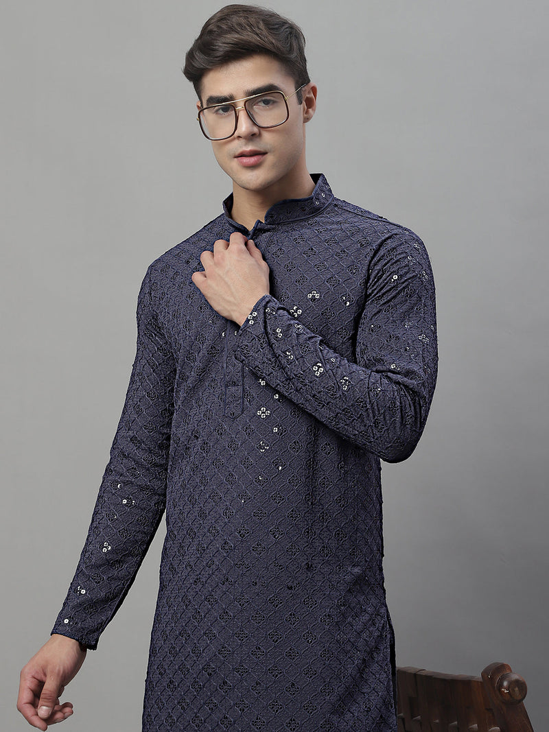 Men's Grey Chikankari Embroidered and Sequence Kurta with Pyjama.