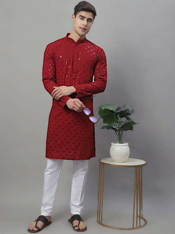 Men's Maroon Chikankari Embroidered and Sequence Kurta with Pyjama.