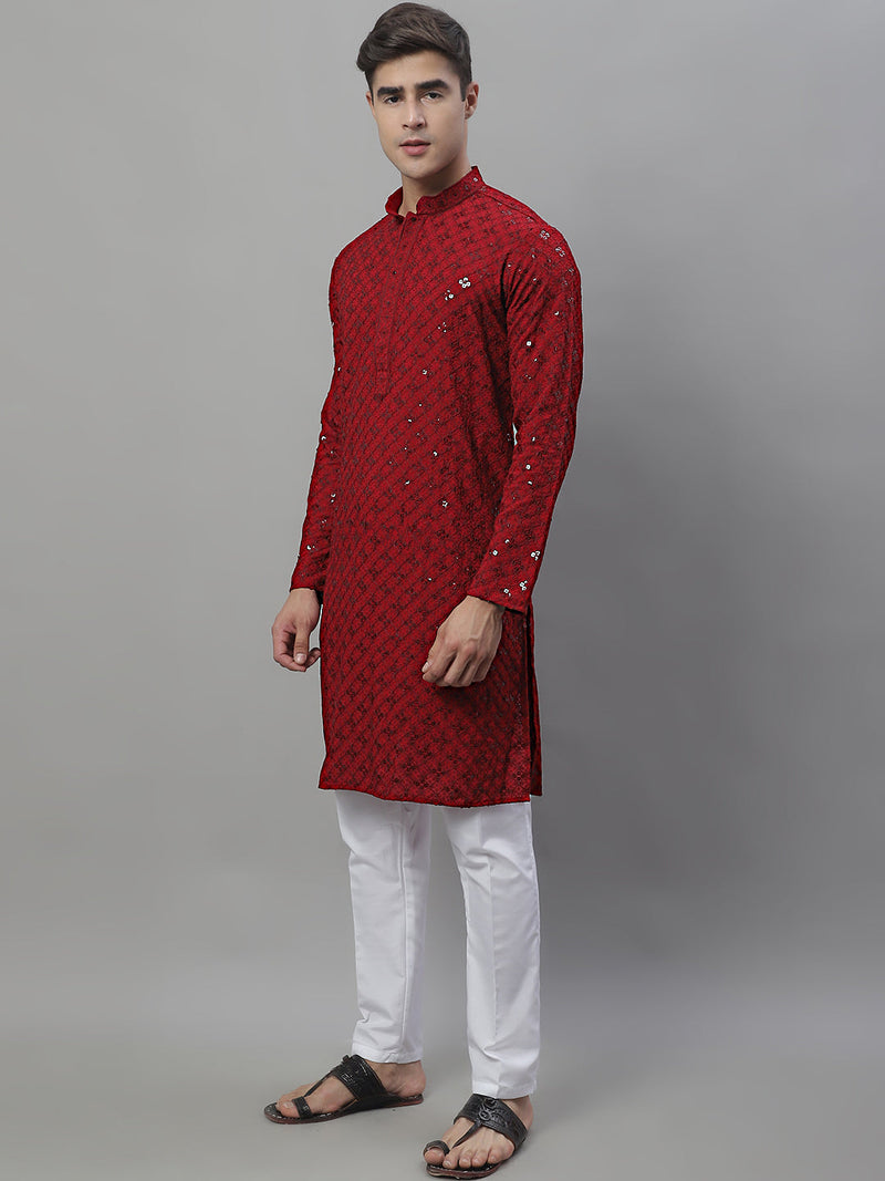 Men's Maroon Chikankari Embroidered and Sequence Kurta with Pyjama.