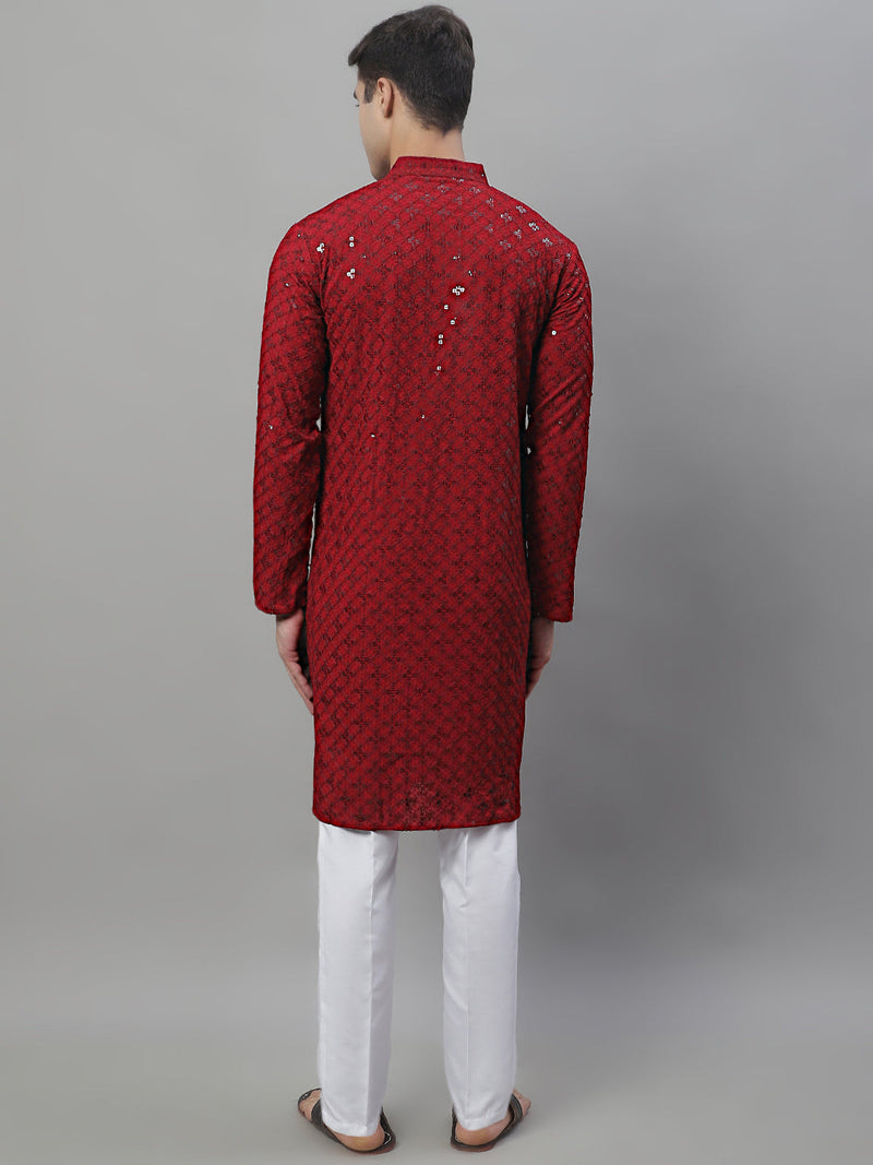 Men's Maroon Chikankari Embroidered and Sequence Kurta with Pyjama.