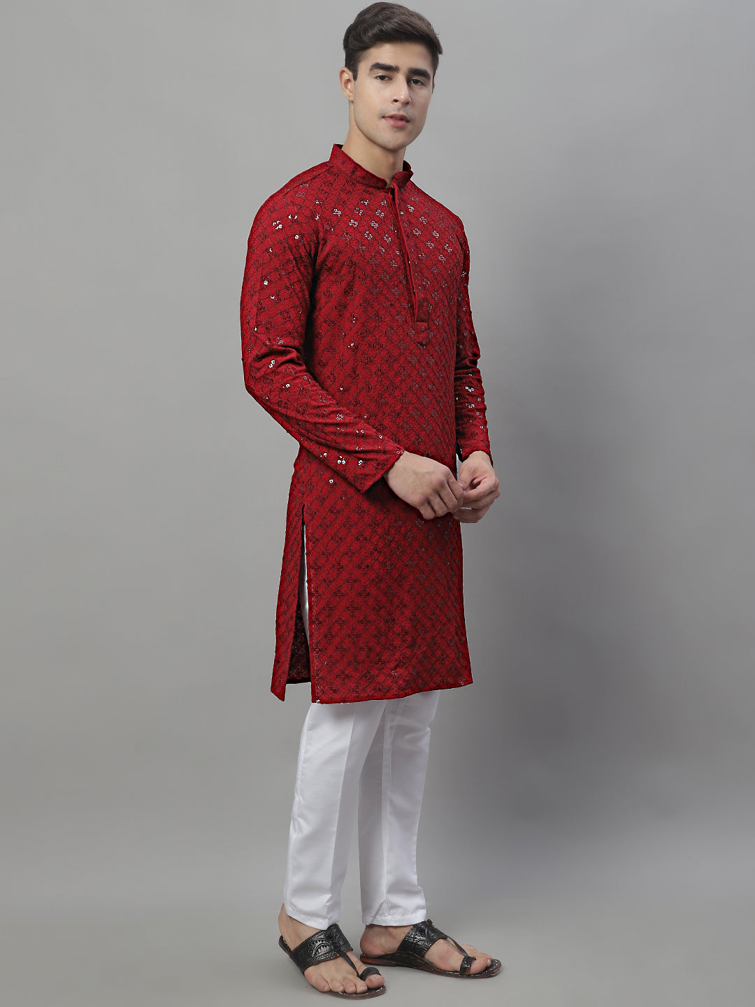 Men's Maroon Chikankari Embroidered and Sequence Kurta with Pyjama.
