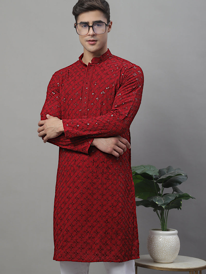 Men's Maroon Chikankari Embroidered and Sequence Kurta with Pyjama.