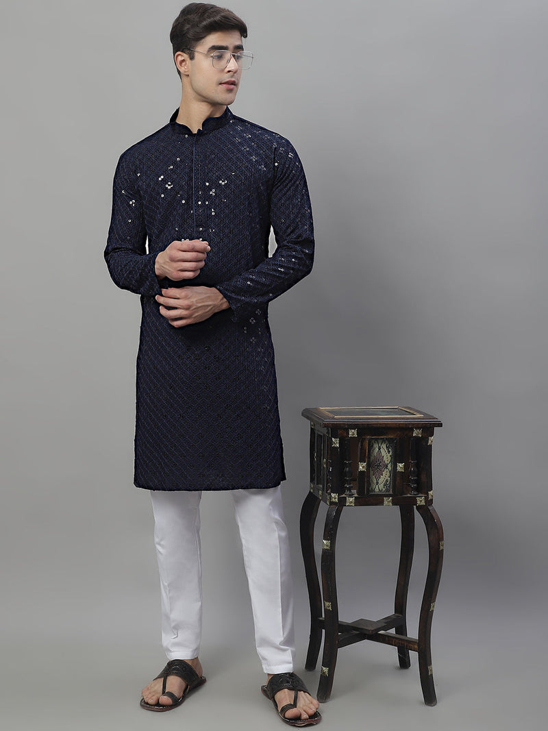 Men's Navy Blue Chikankari Embroidered and Sequence Kurta with Pyjama.