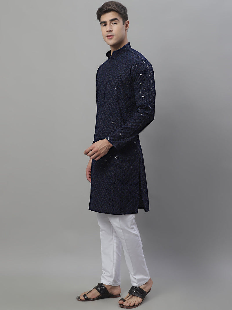 Men's Navy Blue Chikankari Embroidered and Sequence Kurta with Pyjama.