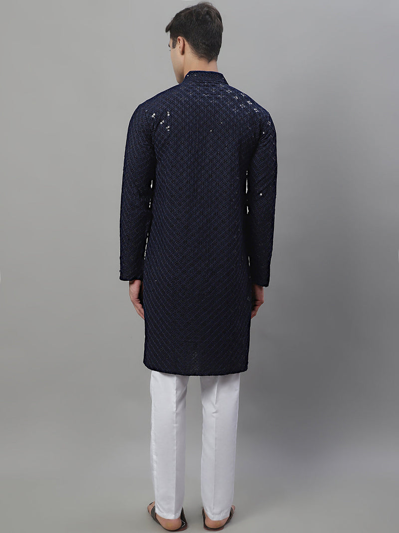 Men's Navy Blue Chikankari Embroidered and Sequence Kurta with Pyjama.