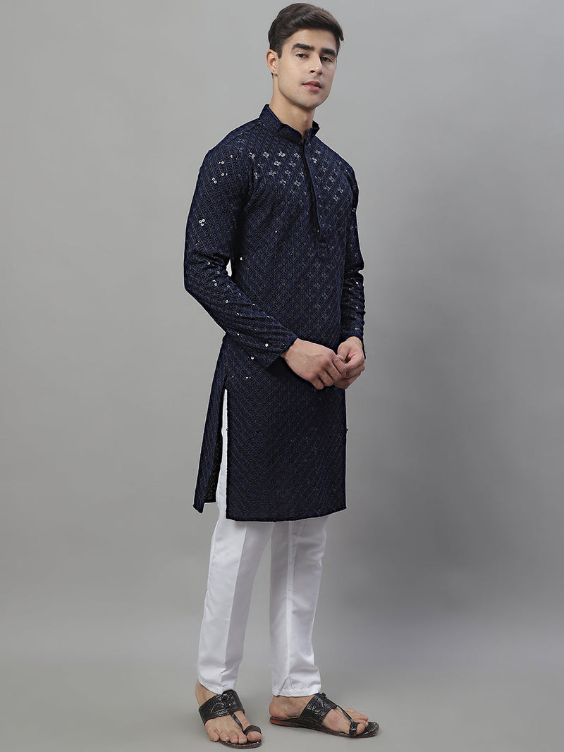 Men's Navy Blue Chikankari Embroidered and Sequence Kurta with Pyjama.