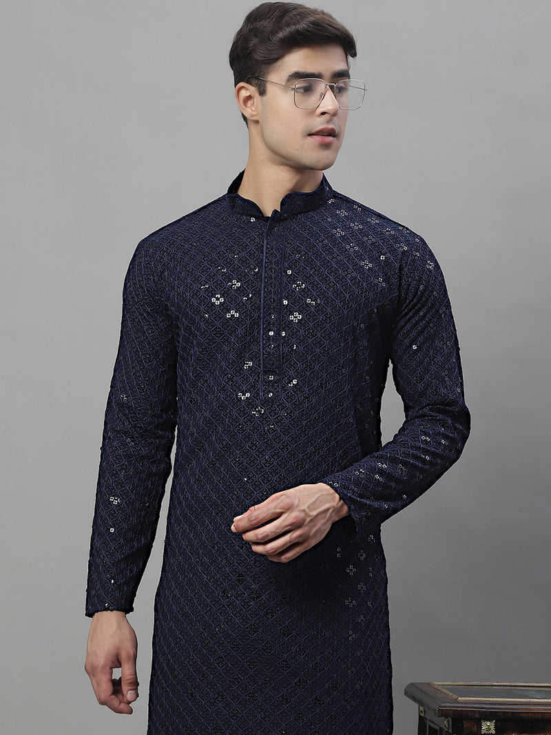 Men's Navy Blue Chikankari Embroidered and Sequence Kurta with Pyjama.