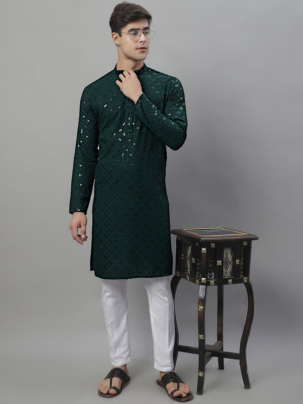 Men's Olive Green Chikankari Embroidered and Sequence Kurta with Pyjama.