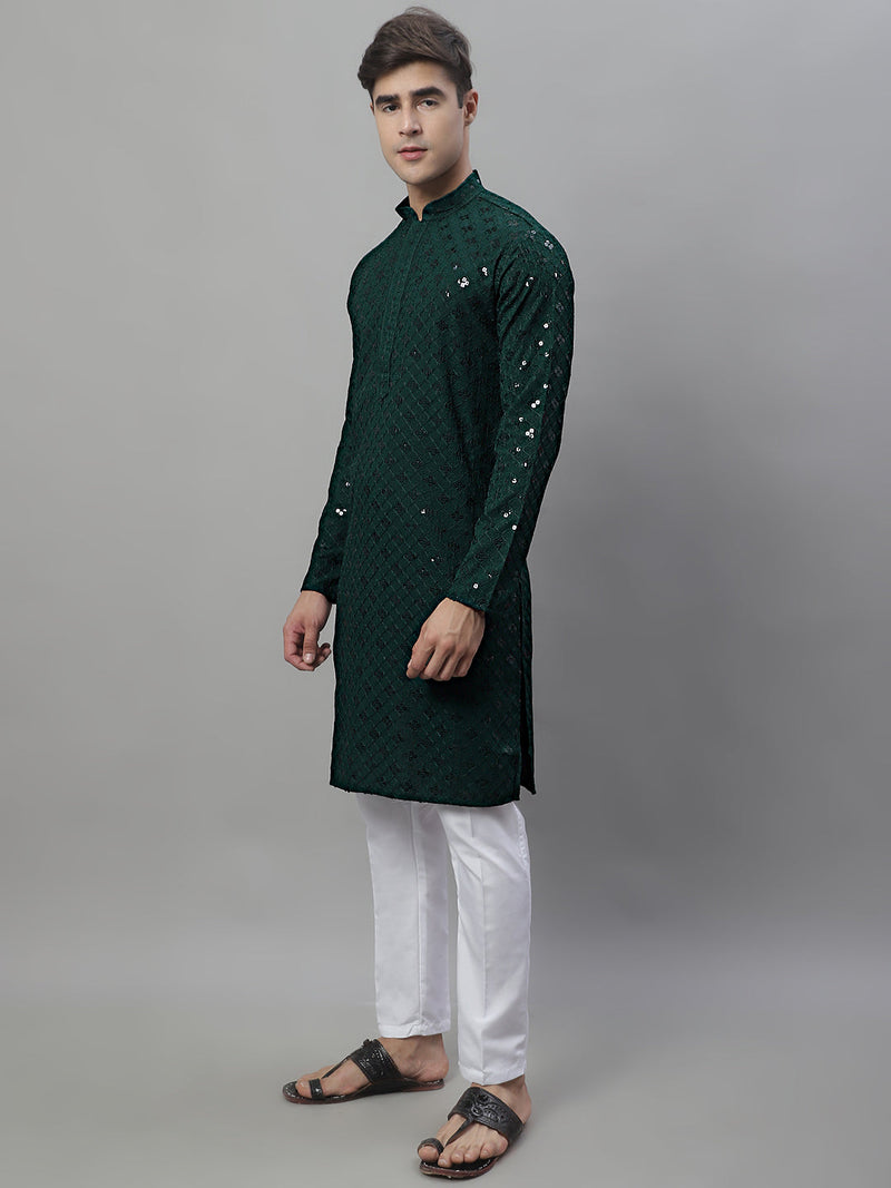 Men's Olive Green Chikankari Embroidered and Sequence Kurta with Pyjama.