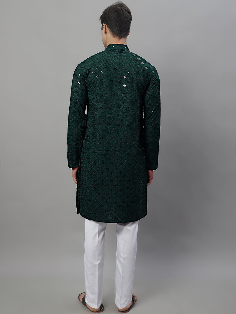 Men's Olive Green Chikankari Embroidered and Sequence Kurta with Pyjama.