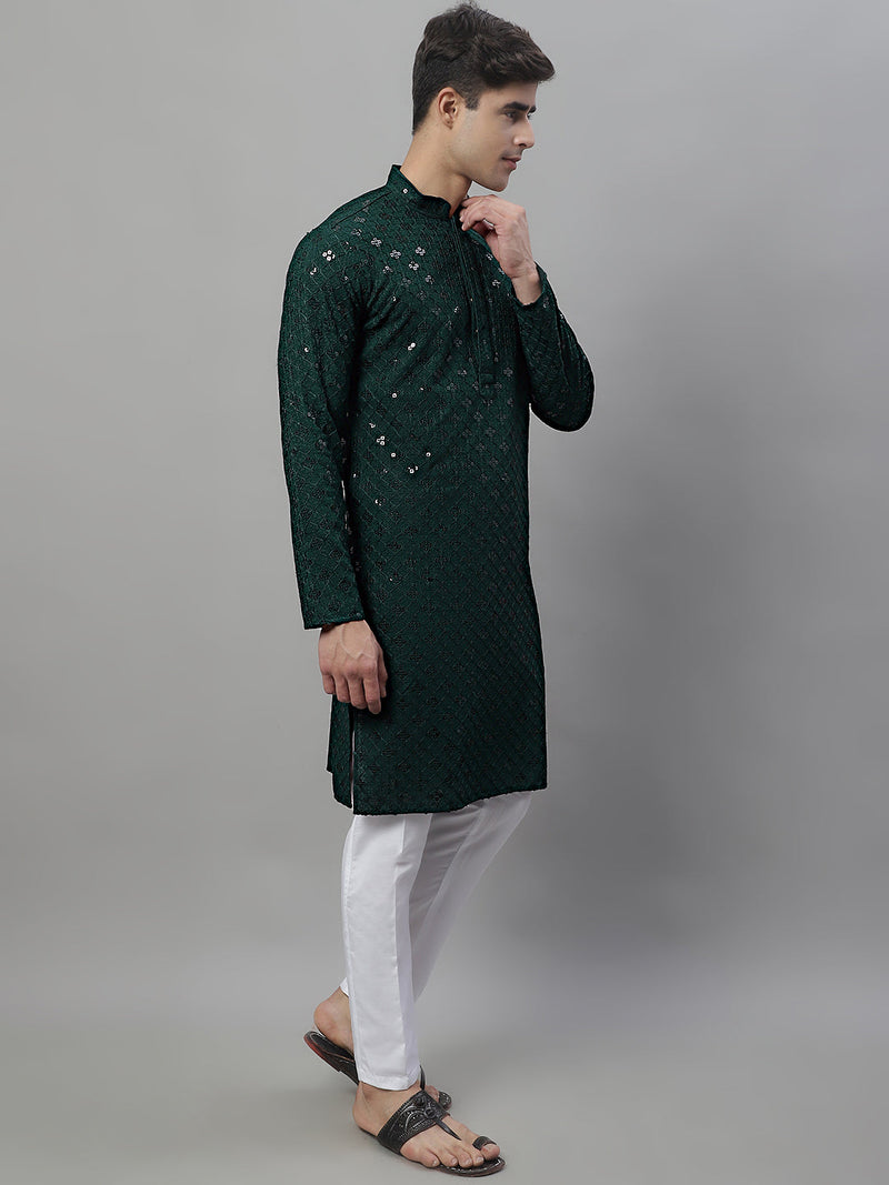 Men's Olive Green Chikankari Embroidered and Sequence Kurta with Pyjama.