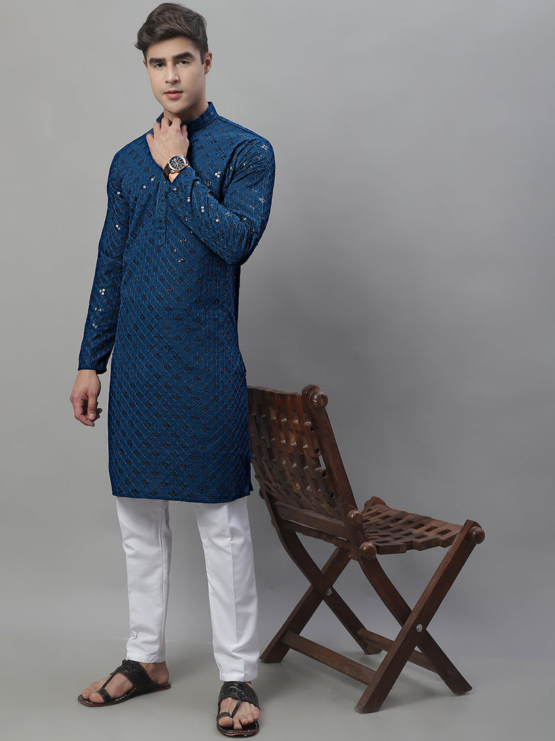 Men's Peacock Blue Chikankari Embroidered and Sequence Kurta with Pyjama.