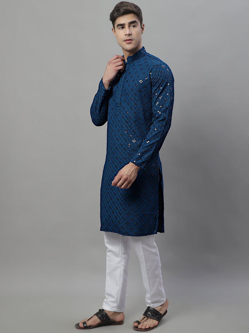 Men's Peacock Blue Chikankari Embroidered and Sequence Kurta with Pyjama.