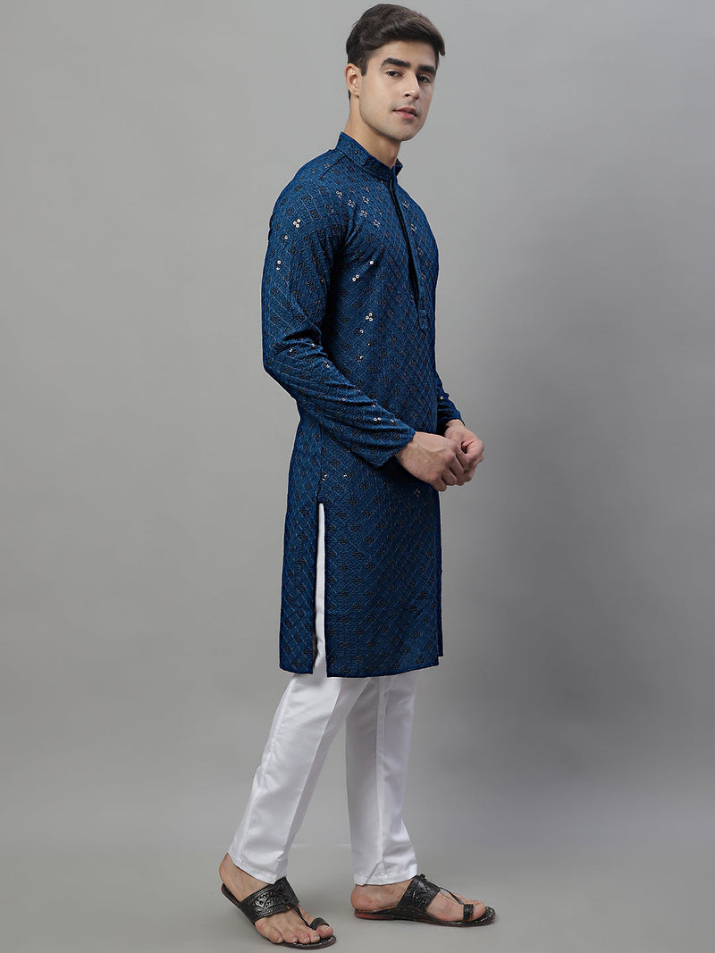 Men's Peacock Blue Chikankari Embroidered and Sequence Kurta with Pyjama.