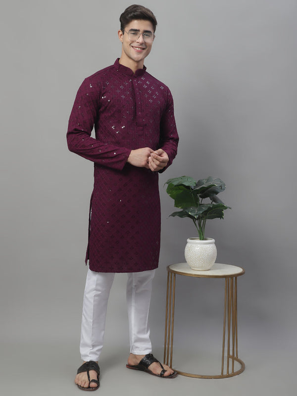 Men's Purple Chikankari Embroidered and Sequence Kurta with Pyjama.