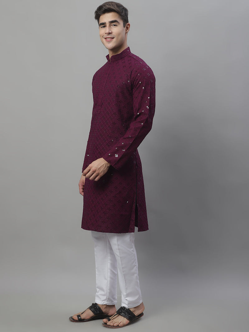 Men's Purple Chikankari Embroidered and Sequence Kurta with Pyjama.