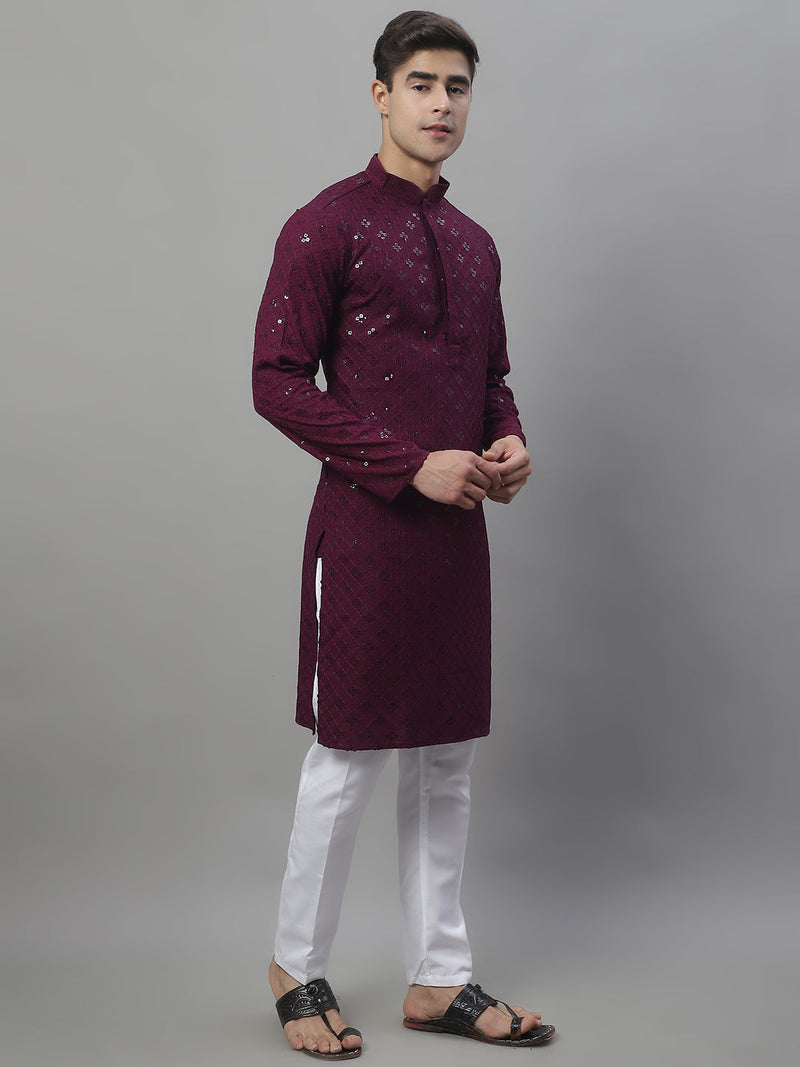 Men's Purple Chikankari Embroidered and Sequence Kurta with Pyjama.