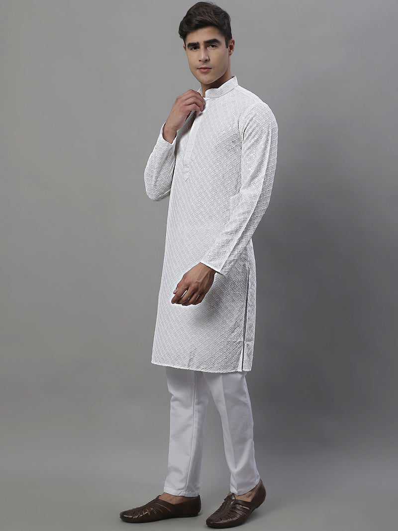 Men's White Chikankari Embroidered and Sequence Kurta with Pyjama.